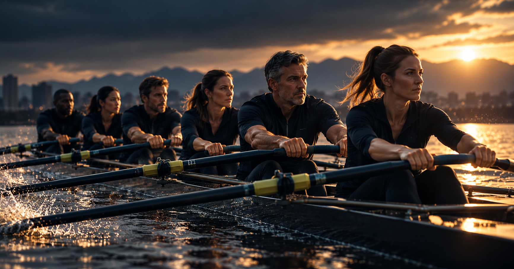 Sunset team rowing in a scull